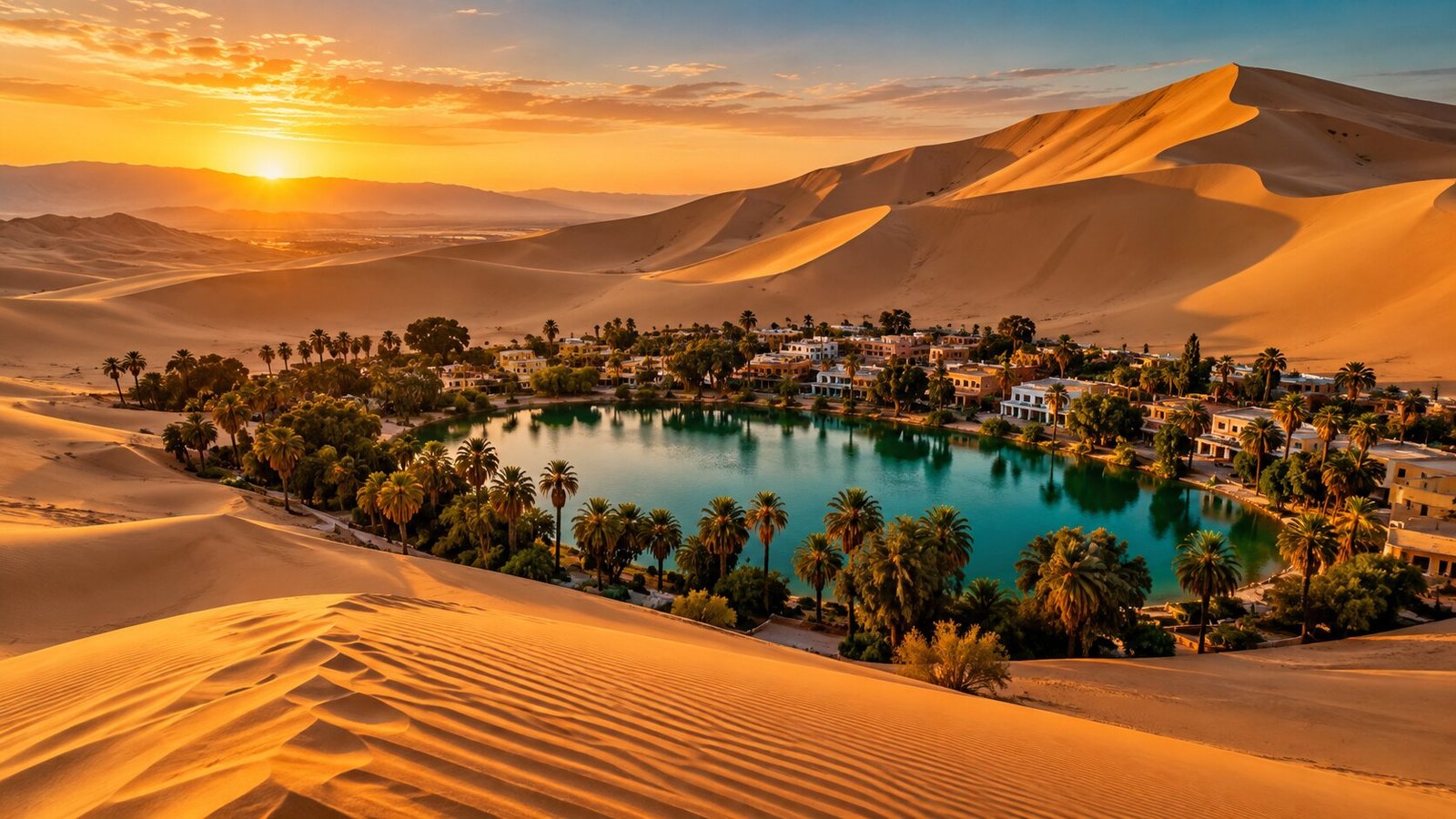 Dunas y oasis de Huacachina al atardecer
